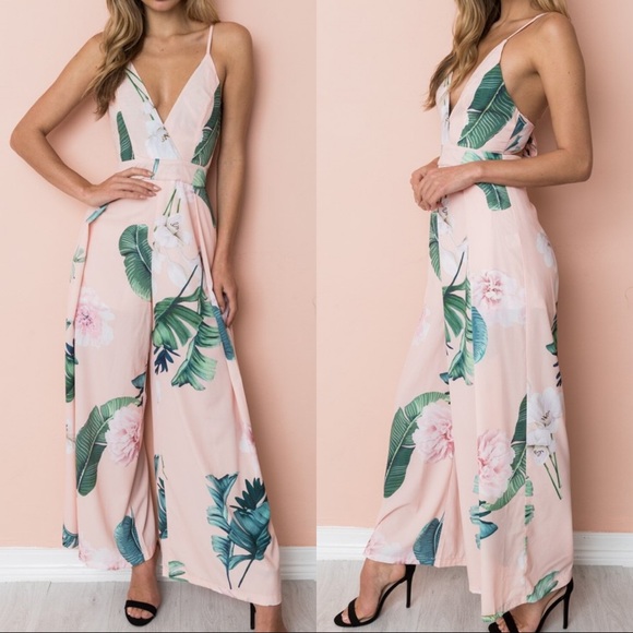 Pants - B2G1♦️Pink Floral Back Tie Wide Leg Jumpsuit